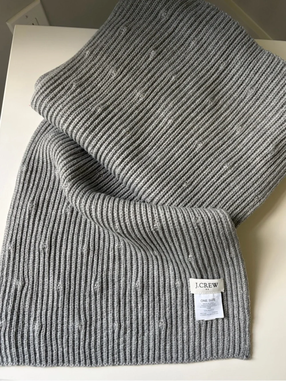 J. Crew Gray Ribbed Knit Scarf with Pearl Accents